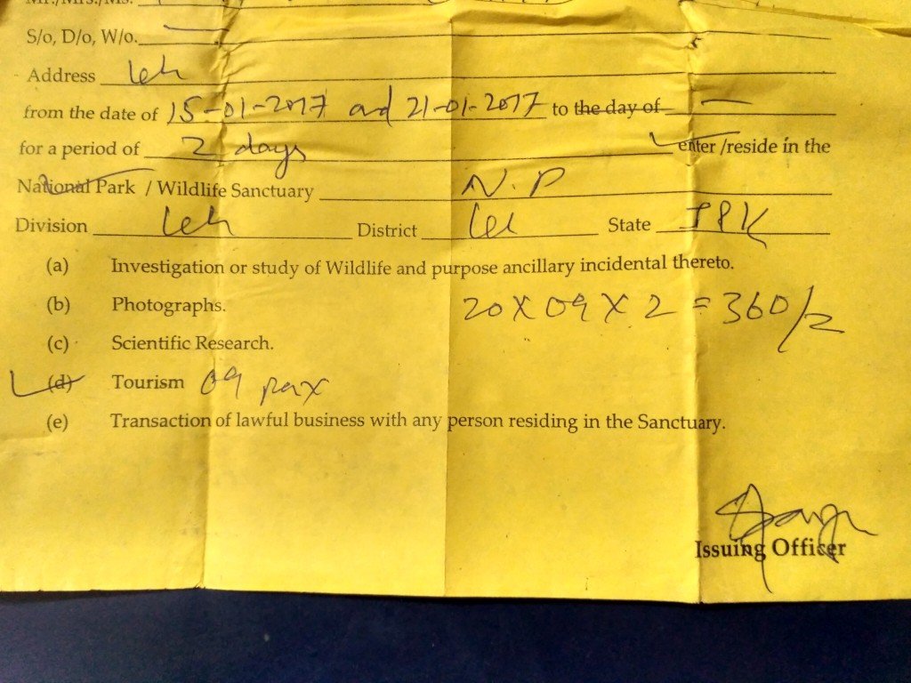 Wildlife fee Chadar Trek